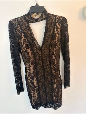 Black Lace Long Sleeve Mini Dress with Choker Neck